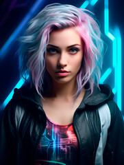 Amazing cyberpunk woman model with colored hair posing on neon background