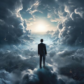 A man surrounded by clouds