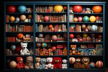 Toy store shelf filled with stuffed animals, board games, and action figures, Generative AI - obrazy, fototapety, plakaty