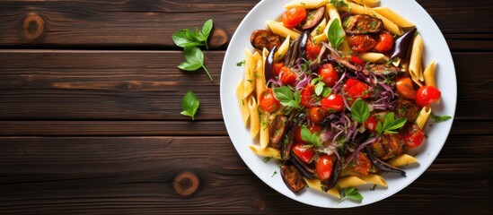 Penne pasta with baked peppers eggplant pesto and cheese on a white plate Italian rustic style Copy space for text With copyspace for text