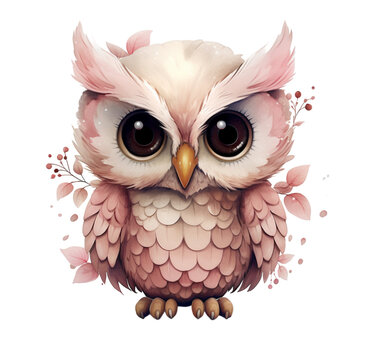 Watercolor cute pink owl illustration. Generative AI, png image