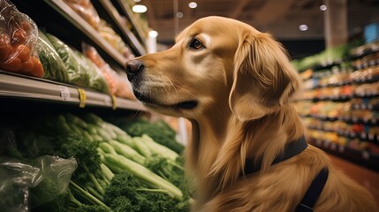 Dog in grocery store near colorful vegetables and other nutritious food. Pets shopping for healthy diet. Petfriendly store allowing dog to choose its own food. Petfriendly lifestyle and wellness.