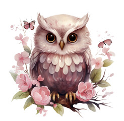 Watercolor cute pink owl illustration. Generative AI, png image