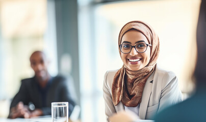 Muslim businesswoman leading a discussion during an meeting in a creative office. Group of multicultural businesswomen having a video conference with their business associates. - obrazy, fototapety, plakaty