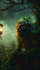 kapre philippines scary hairy humanoid monster smoking a tobacco on the tree top, forest, foggy weather, night light, intricate, sharf focus, concept art, artstation, fantasy, octane render, cinematic