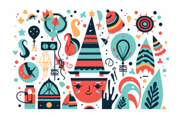 Obraz premium Artistic 2D flat style illustration featuring hand-drawn doodle elements for New Year's celebration. Ideal for holiday-themed projects.