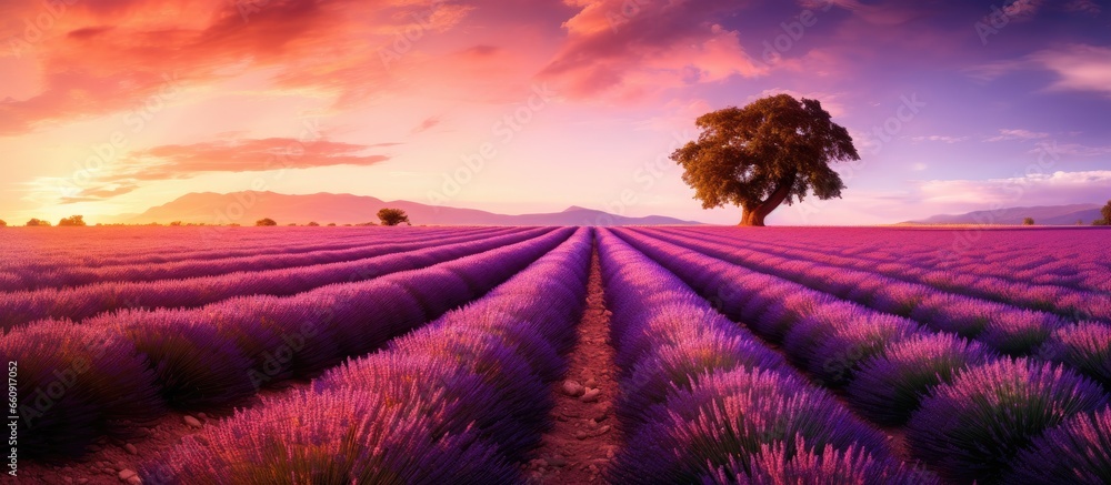 Wall mural Provence s Valensole France boasts a picturesque summer evening with lavender fields With copyspace for text