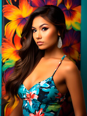 Young beautiful latina model girl posing in fashion clothes on vivid color background