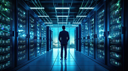 Administrator, Data Center Engineer, Young man holding digital tablet standing by supercomputer server cabinets in data center, Data Protection Network for Cyber Security.