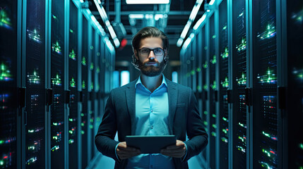 Administrator, Data Center Engineer, Young man holding digital tablet standing by supercomputer server cabinets in data center, Data Protection Network for Cyber Security.