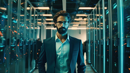 Fototapeta premium Administrator, Data Center Engineer, Young man holding digital tablet standing by supercomputer server cabinets in data center, Data Protection Network for Cyber Security.