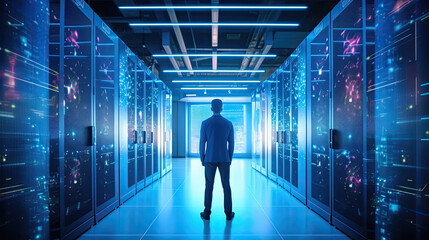 Administrator, Data Center Engineer, Young man holding digital tablet standing by supercomputer server cabinets in data center, Data Protection Network for Cyber Security. - obrazy, fototapety, plakaty