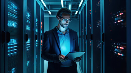 Administrator, Data Center Engineer, Young man holding digital tablet standing by supercomputer server cabinets in data center, Data Protection Network for Cyber Security.
