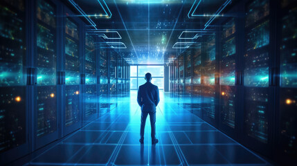 Administrator, Data Center Engineer, Young man holding digital tablet standing by supercomputer server cabinets in data center, Data Protection Network for Cyber Security.