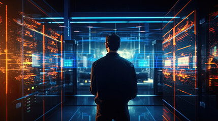 Administrator working with data protection engineering network for cyber security in data center.