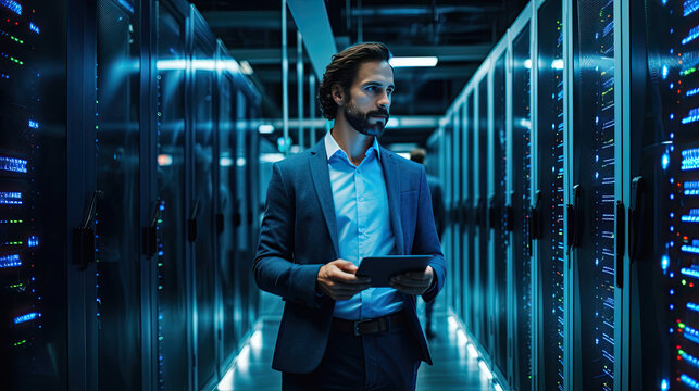 Administrator, Data Center Engineer, Young man holding digital tablet standing by supercomputer server cabinets in data center, Data Protection Network for Cyber Security.