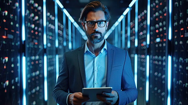 Administrator, Data Center Engineer, Young man holding digital tablet standing by supercomputer server cabinets in data center, Data Protection Network for Cyber Security.