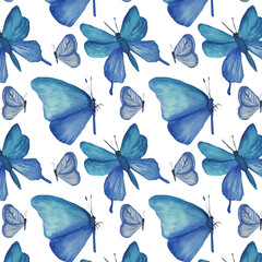 Cute blue butterflies hand drawn watercolor seamless Raster texture animalistic design. Colorful,...
