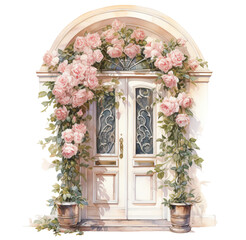 Watercolor vintage door with flowers illustration. Generative AI, png image