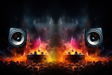 Multimedia acoustic speakers with fire lighting. Sound audio system with sparks the flame - obrazy, fototapety, plakaty
