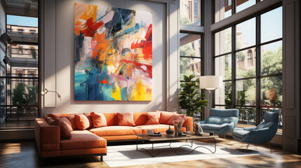 Modern bright living room interiors with art wallpaper.
 - obrazy, fototapety, plakaty