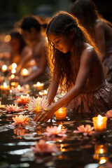 Girls do Loy Krathong activities along the riverside filled with candlelight.