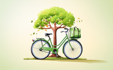 Sustainable flat design of eco-friendly bicycle against tree with recyclable bag.