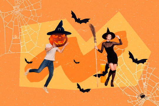 Creative collage image of conjurer girl hold broom stick guy carved pumpkin flying bats isolated on painted orange background