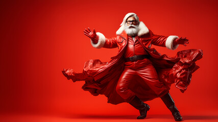 full length of Handsome Santa Claus moving in fashion costume on red background. space for text