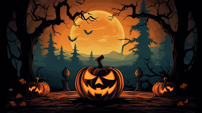 simple illustration, simple colors, Halloween pumpkin head jack lantern with burning candles, Spooky Forest with a full moon and wooden table, Pumpkins In Graveyard In The Spooky Night - Halloween Bac