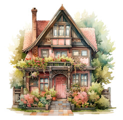 Fototapeta na wymiar Watercolor vintage cottage with flowers illustration. Generative AI, png image