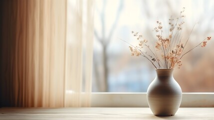 flowers in vase, Empty wood table vase with dry flowers on windowsill background, vase with flowers on the table