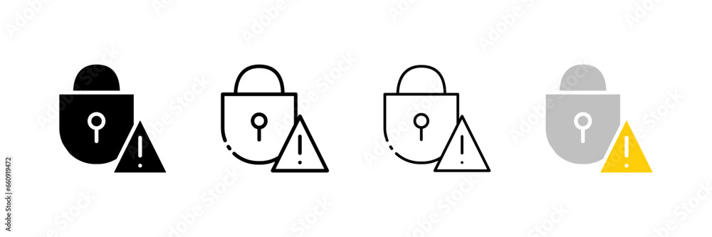 Poster warning triangle near the key lock. different styles, insecure password warning, attention triangle,