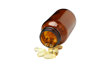 PNG,Brown bottle with omega pills, isolated on white background