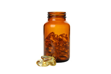 PNG,Brown bottle with omega pills, isolated on white background