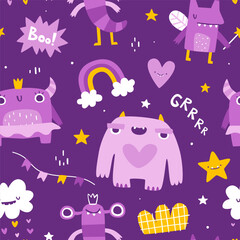 Cute girly pattern with funny monsters. Seamless purple vector print with abstract monster girls for baby.