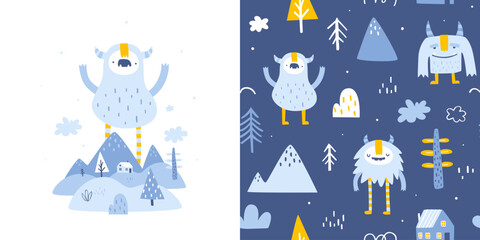 Nordic pattern set with cute yeti. Seamless scandinavian collection vector print with naive doodle yeti for kids pajamas.