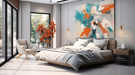 Modern bright bedroom interiors with art wallpaper.
