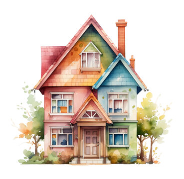 Watercolor toy house illustration. Generative AI, png image