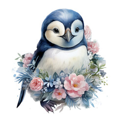 Watercolor penguin with flowers illustration. Generative AI, png image