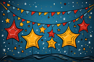 Celebrations with this hand-drawn festival flag and stars doodle in a 2D flat style. Ideal for conveying the essence of festive events and artistic expression.