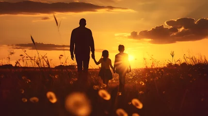 Schilderijen op glas Happy family in silhouette enjoying a meadow walk at sunset - Generative Ai © Impress Designers