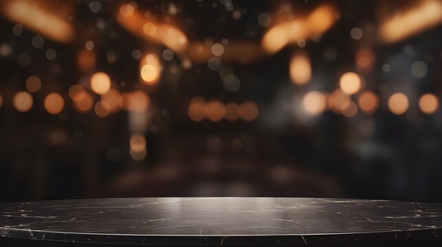 cafe with bokeh lights background, and blurred background of hall of stage bar, wallpaper, an empty dark black marble table 