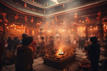 Obraz premium Chinese new year fireworks celebrations on the chinese temple background