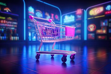 Colorful neon lights shopping carts stands in row offering sense of order and ease to customers as they select products from multitude of choices in bustling supermarket