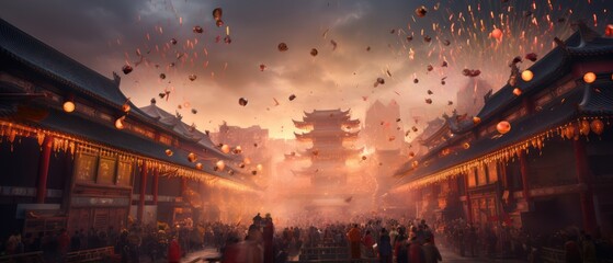 Chinese new year fireworks celebrations on the chinese temple background - obrazy, fototapety, plakaty