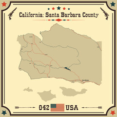 Naklejka premium Large and accurate map of Santa Barbara County, California, USA with vintage colors.