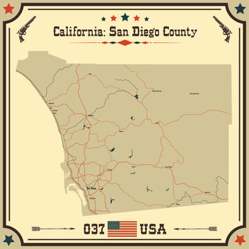 Large and accurate map of San Diego County, California, USA with vintage colors.