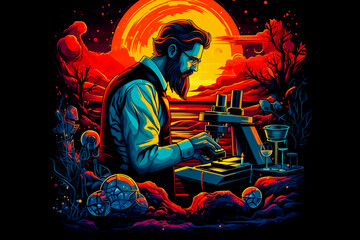 An illustration of scientist looking through microscope.