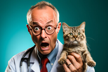 Chaos-eliciting image of an irked veterinarian scolding a mischievous pet amidst strewn medical supplies.